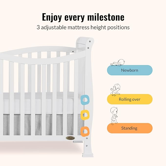 Dream On Me Violet 7-in-1 Convertible Full-Size Baby Crib with Toddler, Day & Full Bed Conversion in White, GreenGuard Gold & JPMA, 3 Mattress Heights, Sustainable Pinewoo