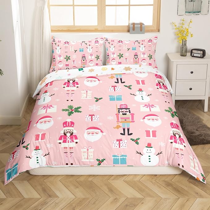 Pink Christmas Nutcracker Decorative Comforter Cover Queen Size Xmas Cartoon Santa Claus Duvet Cover New Year Festival Snowman Snowflake Bedding Set Gifts for Kids Boys Girls 2 Pillow Cases Pink