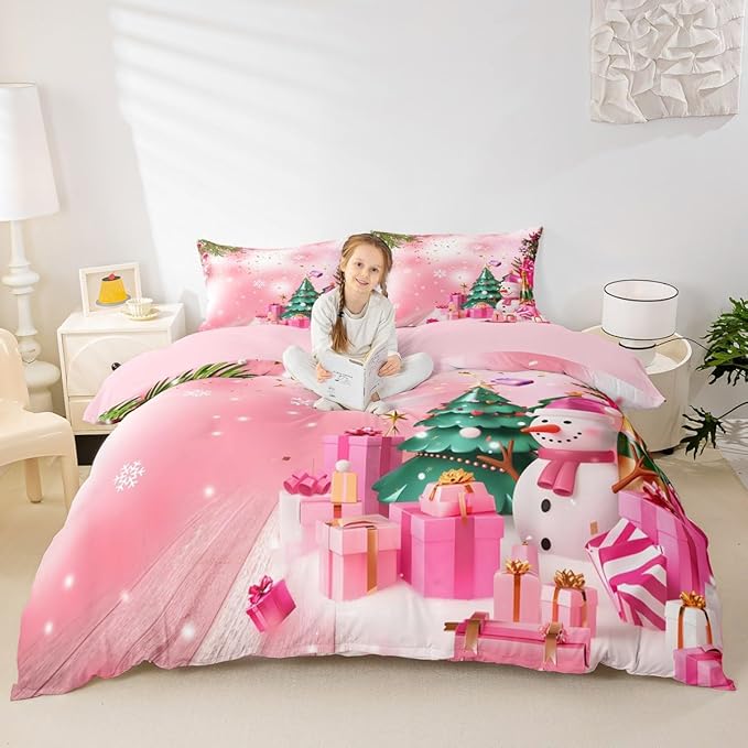 Christmas Bedding Set Kids Christmas Tree Snowman Xmas Theme Comforter Cover Set for Boys Girls Snowflake Duvet Cover Breathable Luxury Gift Boxes Bedspread Cover Room Decor Quilt Cover Queen Size