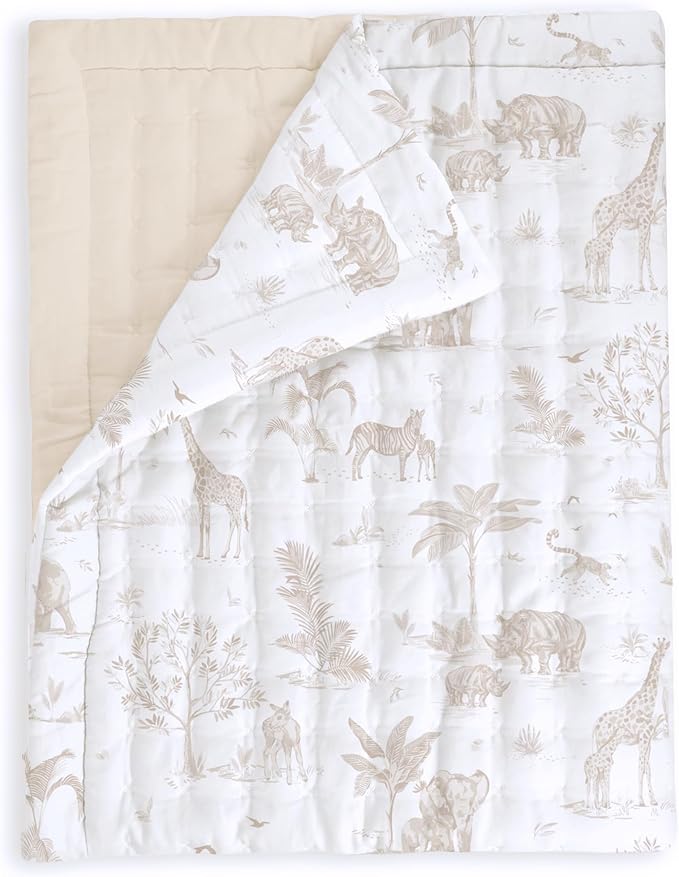 MakeMake Organics Organic Baby Comforter GOTS Certified Organic Kids Blanket Cotton Infill Tufted - Reversible Ultra Soft Breathable Boys Girls (30"x40", Safari + Solid Oat)