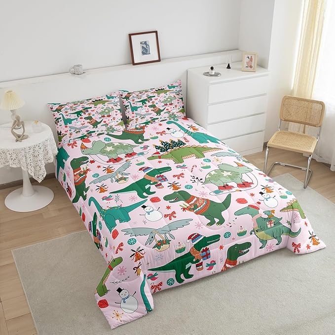 Feelyou Christmas Pink Comforter Set King Size for Kids Boys Girls Cartoon Xmas Dinosaur Bedding Set Snowman New Year Decorations Bedroom Quilt Set
