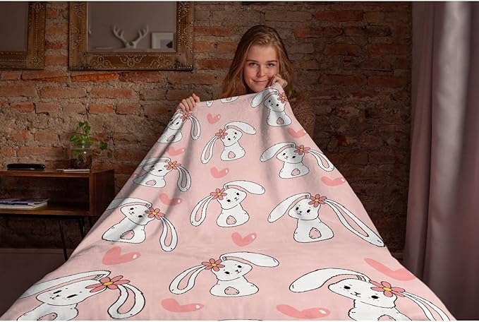 Thuswarm Cute Bunny Pink Flannel Throw Blanket Gifts Warm Cozy Soft Funny Print Blankets for Summer Room Decoration Bed Couch Sofa 40”×30” XSmall for Pets