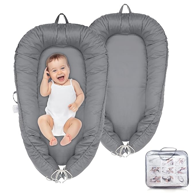 Baby Lounger – Infant Lounger for Newborn 0–24 Months, Baby Nest Lounger, Portable Newborn Lounger, Soft Breathable Cotton, Essentials for Babies at Home and Travel, Grey Solid