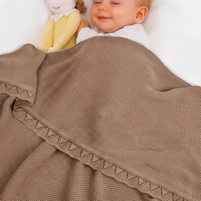 Baby Knit Blanket Soft Breathable Cotton Scallop Border Blankets Newborn Knitted Blanket Swaddle Blankets Gifts for Baby Newborn Toddler Shower Boy Girl New Mom Birthday Christmas Mocha 30x30
