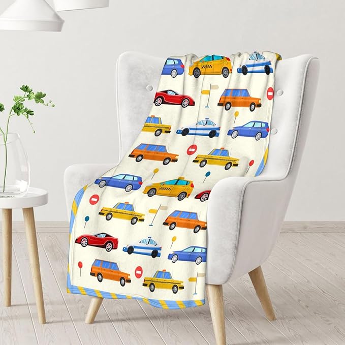 Throw Blanket Gift for Boys - 30" x 40" Inches Soft Cozy Car Blanket for Lap, Couch, Office - Blue Cartoon Throw for Girls Kids