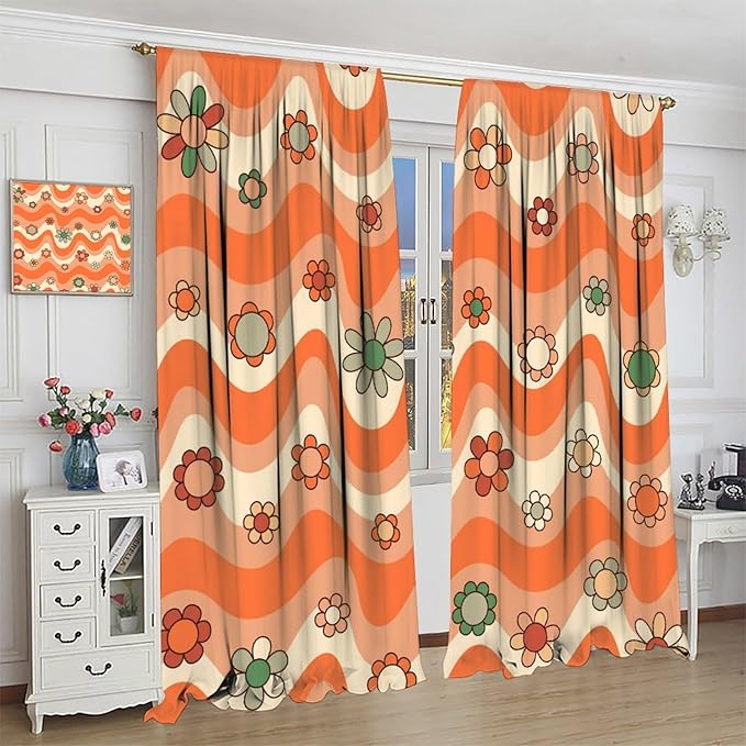 70s Boho Retro Curtains for Bedroom,Groovy Vintage Floral Rainbow Window Treatments Drapes for Kids Girls Window 42"" W X 63"" L, Style-6
