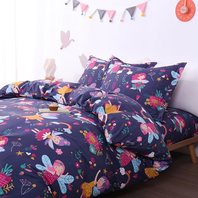 JSD Fairy Floral Kids Duvet Cover Set Queen Size, 3 Piece Girls Printed Microfiber Comforter Cover with Pillow Shams Zipper Closure, Comforter Not Included