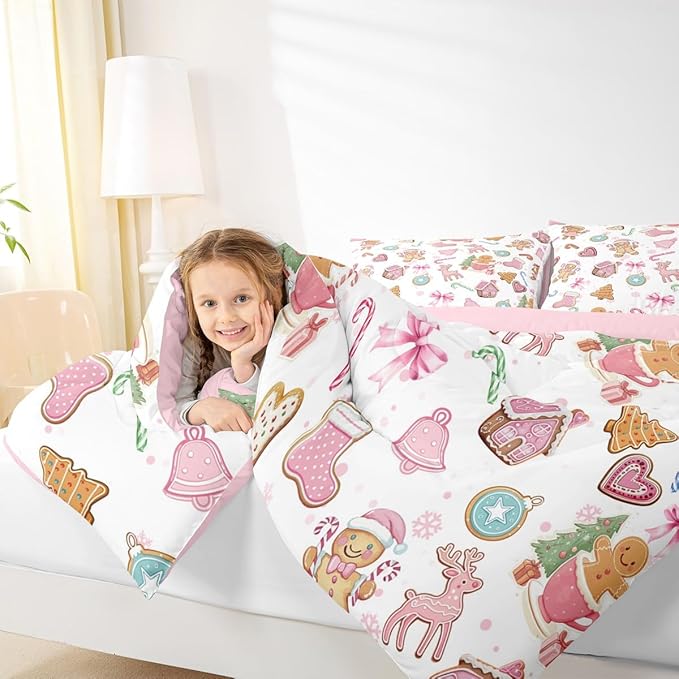 Cute Bow Tie Kids Comforter Set Queen Size,Pine Tree Merry Christmas Elk Deer Bedding Set,Room Decor,Bowknot Gingerbread Man Snowflake Quilt,Pink Colorful Duvet Set Bedroom Quilt Set,2 Pillowcases