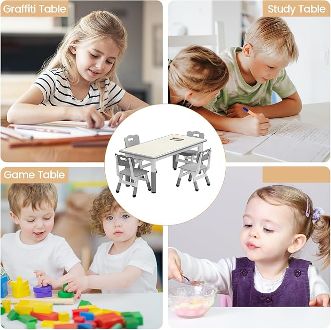 Kids Table and 4 Chairs Set, Height Adjustable Toddler Table and Chairs Set for Ages 2-10, Graffiti Desktop, Non-Slip Legs, Arts & Crafts Table, Children Activity Table for Daycare Classroom Home