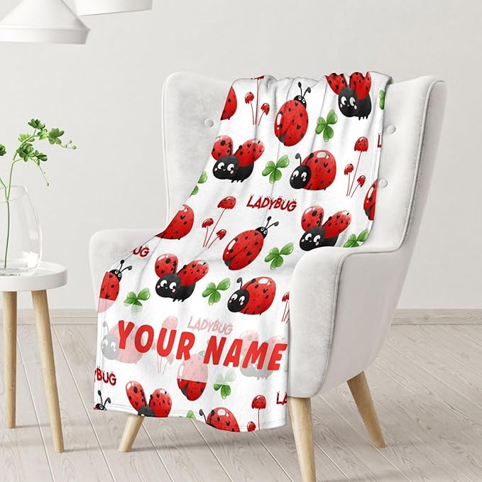 Custom Ladybug Blanket for Girls - 40 x 50 Inches Cute Lady Bug Blanket for Boys - White Fuzzy Warm Decor for Couch, Sofa