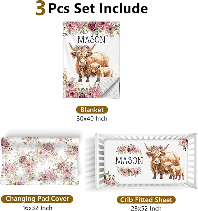 Custom Name Crib Bedding Set, 3 Pcs Personalized Baby Crib Bedding Set, Soft Red Highland Cow Nursery Crib Sets for Boys Girls, Double Layer Toddler Bedding Set Customized Gifts for Newborn Kid