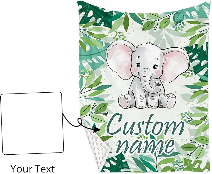 Personalized Crib Bedding Set for Boys Girls, Custom Baby Crib Sets with Name, Green Elephant Design Nursery Bedding 2 Piece - Soft Blanket with Double Layer Dotted Backing, Crib Fitted Sheet