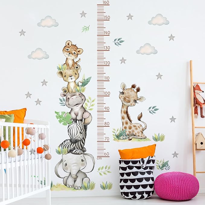 Jungle Animals Height Chart Sticker for Kids Height Measurement Growth Chart Wall Decals Cartoon Animals Giraffe Elephant Height Measurement Ruler Wall Decor for Kids Baby Bedroom Classroom Decoration