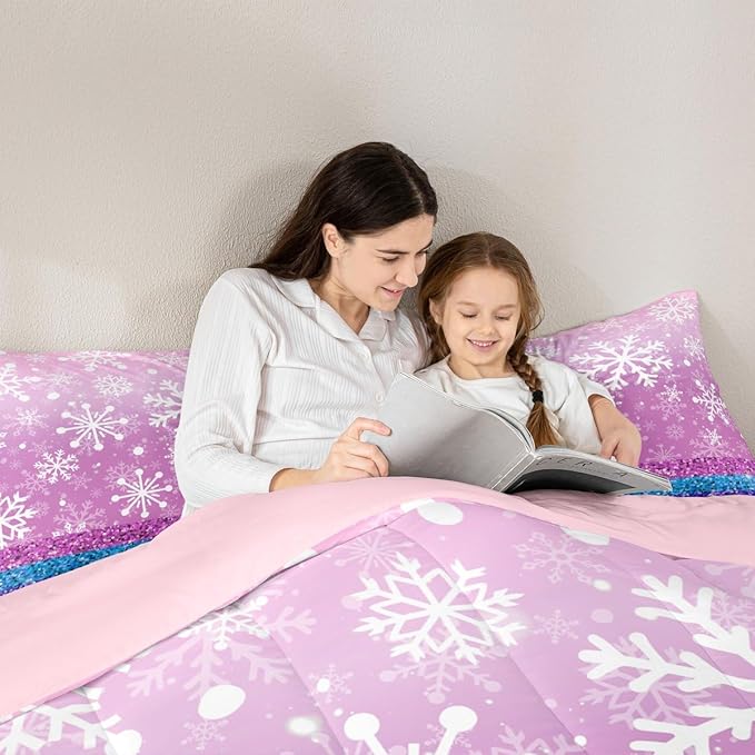 Feelyou Pink Snowflake Comforter Set Queen Size Winter Snowflake Bedding Set for Kids Boys Girls Christmas Duvet Quilt Glitter Print Bedroom Decor Microfiber 3 Pcs with 2 Pillow Cases