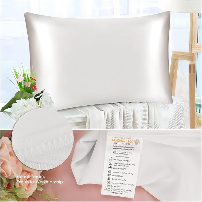 100% Mulberry Silk Pillowcase for Hair and Skin,Both Sides Natural Silk Bed Pillow Case with Hidden Zipper,19 Momme Grade 6A,1pc,Ivory White,Standard Size 20x26 Inches
