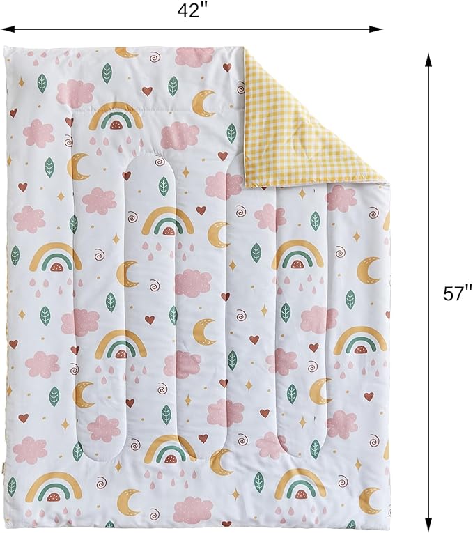 Joyreap 4 Piece Toddler Bedding Set for Girls- Pink n Yellow Clouds Moon Rainbow Lovely Design, Microfiber Toddler Bedding Comforter Set for All Seasons