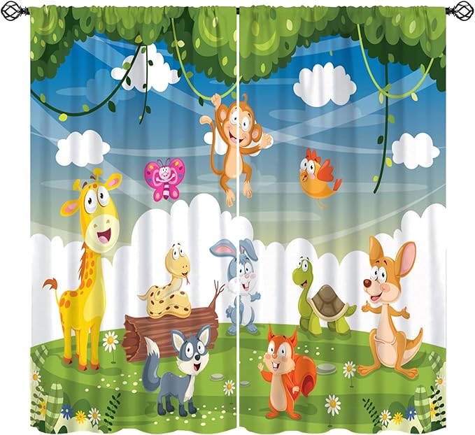 Animal Curtains, Cartoon Cute Woodland Jungle Forest Animals Pattern Blackout Window Treatments, Rod Pocket Thermal Insulated Drapes 2 Panel Sets for Kids Nursery Bedroom Classroom, 52" W X 84" L