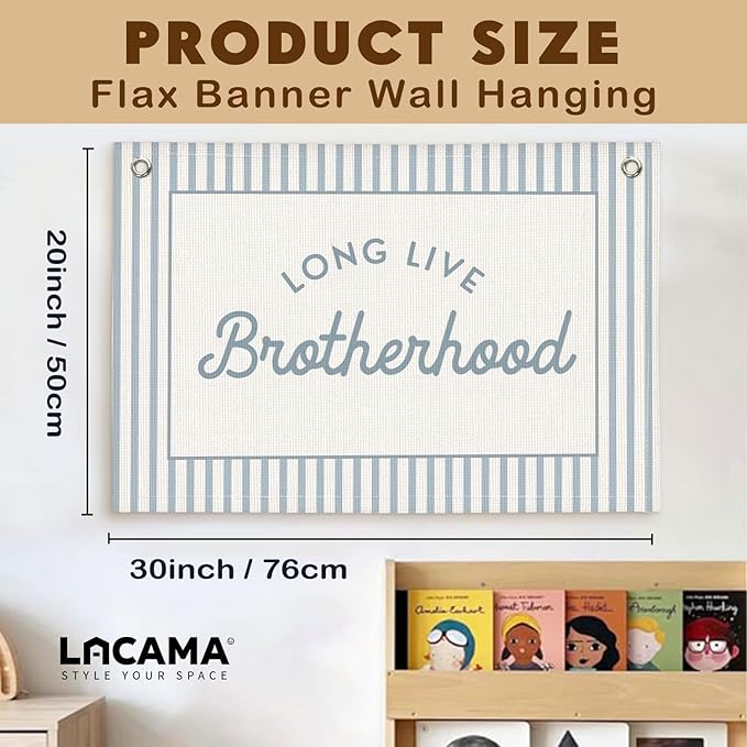 Lacama Blue Long Live Brotherhood Boys Room Decor, Boy Nursery Decor, Linen Banner Wall Hanging Canvas Banner Flag Decor for Toddler Boy Room Nursery 30x20 Inch
