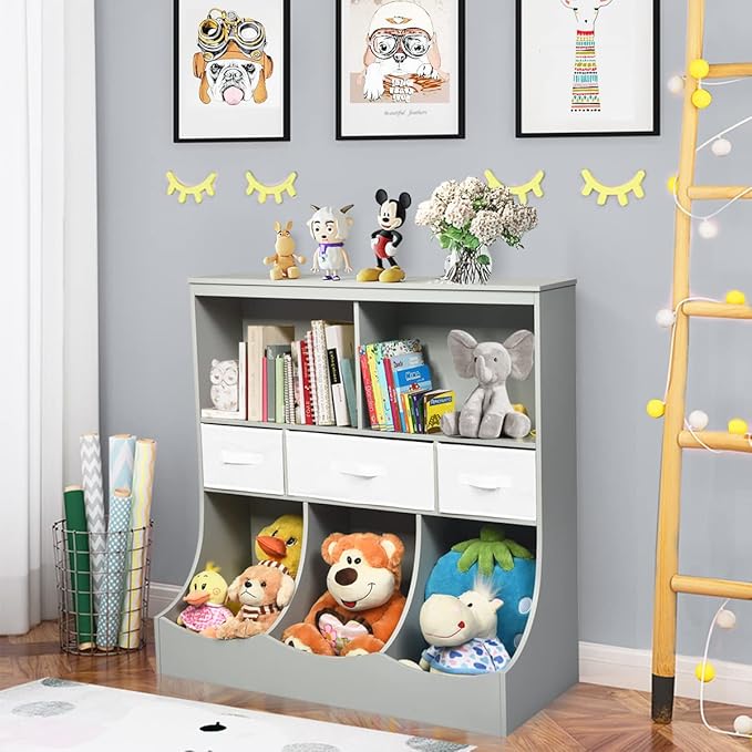 HONEY JOY Kids Toy Storage Organizer with Bookcase, 8-Cubby Organization Storage Cabinet w/Display Shelf & 3 Removable Fabric Bins, Wooden Toy Storage Unit for Playroom, Nursery Daycare(Gray)