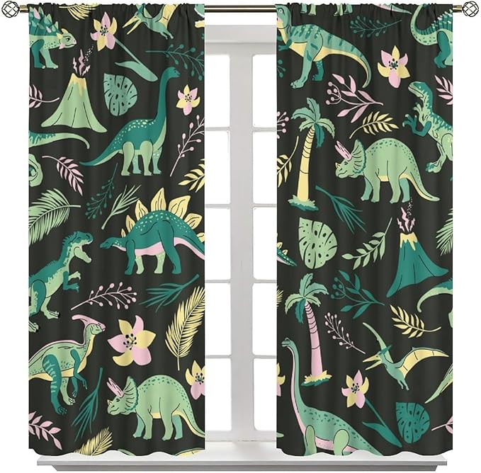Dinosaurs Blackout Curtains Cartoon Cute Funny Dino Tropical Jungle Green Art Print for Kids Boys Bedroom Living Room Rod Pocket Decoration Window Drapes 2 Panels W42xL84in