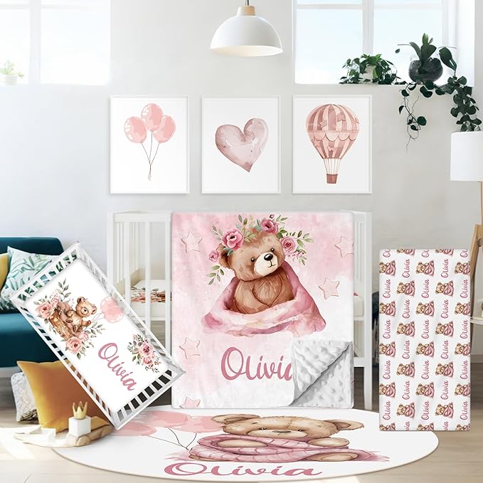 Personalized Crib Bedding Set for Girls, Custom Name Nursery Bedding Sets 5 Pcs, Pink Bear Baby Crib Set for Newborn Infant Toddler, Soft Flannel Double Layer Baby Blanket, New Parents Gifts
