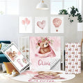 Personalized Crib Bedding Set for Girls, Custom Name Nursery Bedding Sets 5 Pcs, Pink Bear Baby Crib Set for Newborn Infant Toddler, Soft Flannel Double Layer Baby Blanket, New Parents Gifts