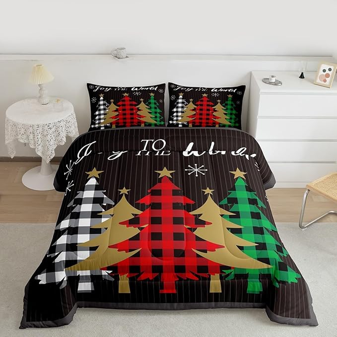 Christmas Kids Comforter Set Full Size,Plaid Pine Trees Snowflake Bedding,Girls Boys Adults Bedroom/Xmas Cabin Decor,Geometric Lines Stylish Down Comforter,Rustic Colorful Duvet Insert,2 Pillowcases
