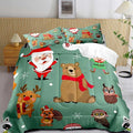 LUVIVIHOME 3PCS Merry Christmas Comforter Set King Size, Boys Girls Kids Bedding, Green Quilt, Funny Cute Cartoon Santa Claus Elf Owl Elk Reindeer Squirrel Xmas Christmas Bedroom Decor, 2 Pillow Shams