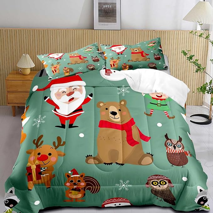 LUVIVIHOME 3PCS Merry Christmas Comforter Set Full Size, Boys Girls Kids Bedding, Green Quilt, Funny Cute Cartoon Santa Claus Elf Owl Elk Reindeer Squirrel Xmas Christmas Bedroom Decor, 2 Pillow Shams