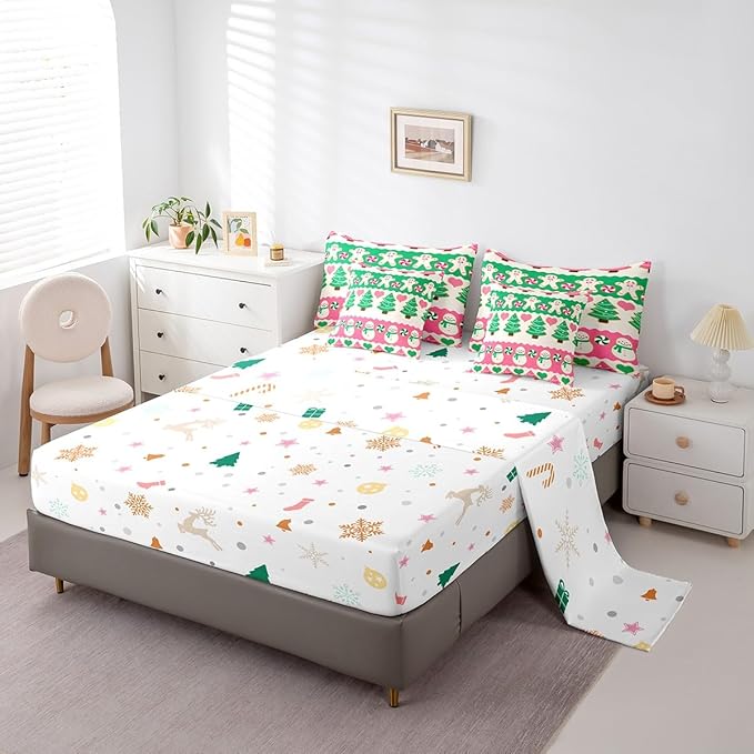 Feelyou Christmas Tree Bedding Set for Kids Boys Girls Cute Cartoon Gingerbread Man Bed in a Bag Snowman Bedding Set Decor Kawaii Xmas Theme Bed Set 7Pcs Queen Size