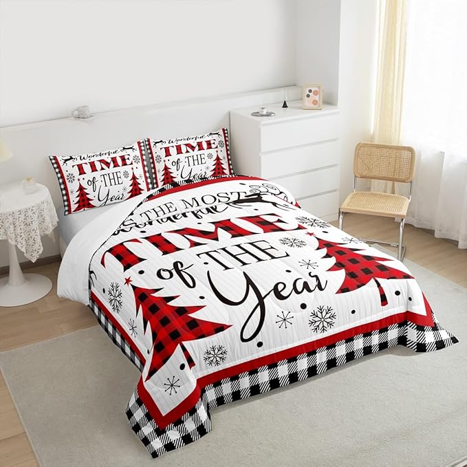 Merry Christmas Kids Comforter Set Twin Size,Snowflake Deer Pine Trees Romantic Bedding,Girls Boys Adults Bedroom/Xmas Cabin Decor,Grids Stylish Down Comforter,Rustic Duvet Insert,1 Pillowcase