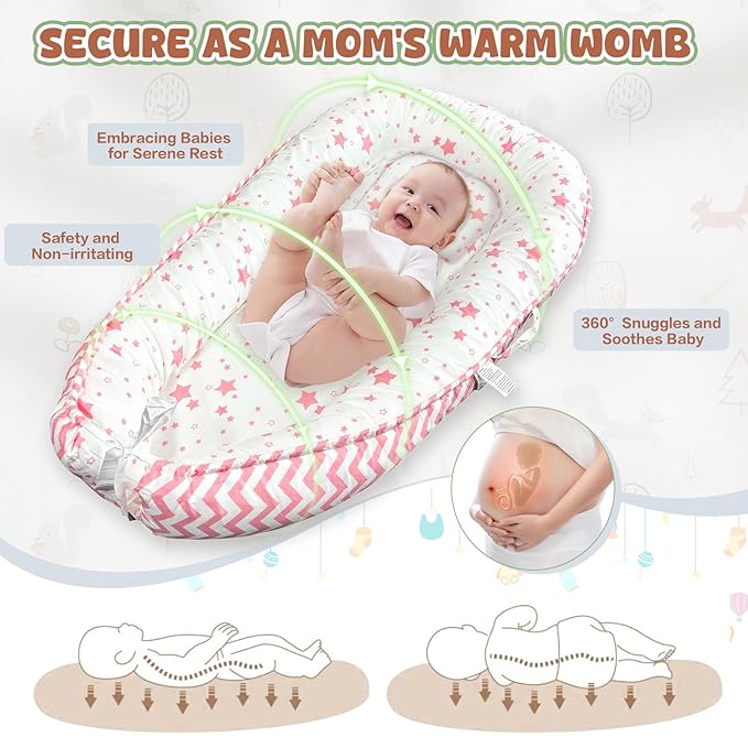 JIFTOK Baby Nests Lounger for Newborn, Snuggle Bassinet for 0-24M, Breathable Portable Co Bed, Baby Essentials Adjustable Infant Soft Cotton Loungers for Home & Travel -Pink Star