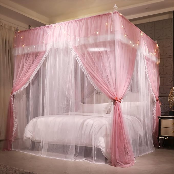 VETHIN 4 Corners Post Ruffle Princess Bed Canopy Curtain-Double Layer Cozy Drape Netting 4 Opening Mosquito Net for Girls Adults Bedroom Decoration (Pink/Whtie,78" W*86" L*82"*H/King)