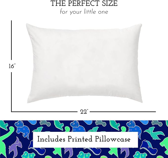 Little Sleepy Head Youth Pillow with Pillowcase 16x22, Soft Jumbo Toddler Pillow & Hypoallergenic Pillowcase - Best Kids Pillows for Sleeping, Perfect Kids Travel Pillow (Dinosaurs Blue)