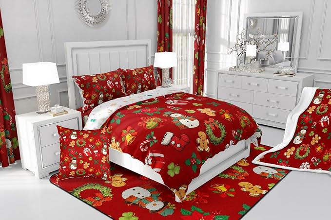 jejeloiu Merry Christmas Comforter Set Toddler Size Cute Snowman Bedding Set for Kids Boys Girls Gingerbread Man Duvet Quilt Red Bedroom Decor