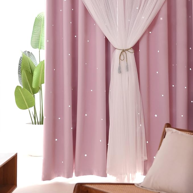Kinryb Princess Curtains for Girls Bedroom with Sheer Overlay,Double Layer Curtain for Living Room with Star Cutout, Curtains for Kids Room (52 W*72 L Inches,2 Pcs Pink)