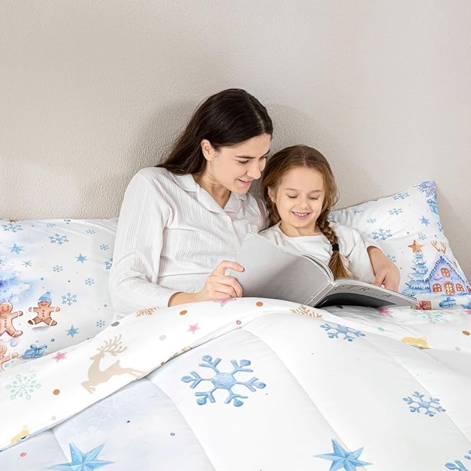 jejeloiu Kids Christmas Theme Comforter Set Twin Size Blue Xmas Gingerbread Man Bedding Set for Boys Girls Teens Candy House Snowflake Winter Happy New Year Duvet Quilt Room Decor