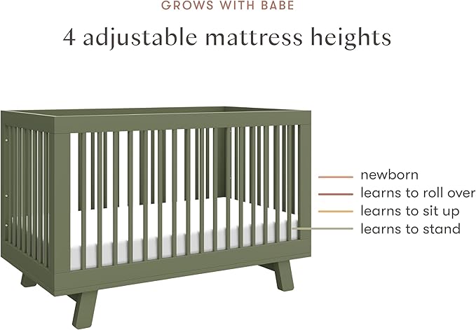 babyletto Hudson 3-in-1 Baby Crib Convertible to Toddler Bed & Daybed - GREENGUARD Gold Certified - 4 Adjustable Heights - Made of 100% Solid Wood - Includes Toddler Conversion Kit - Olive Green