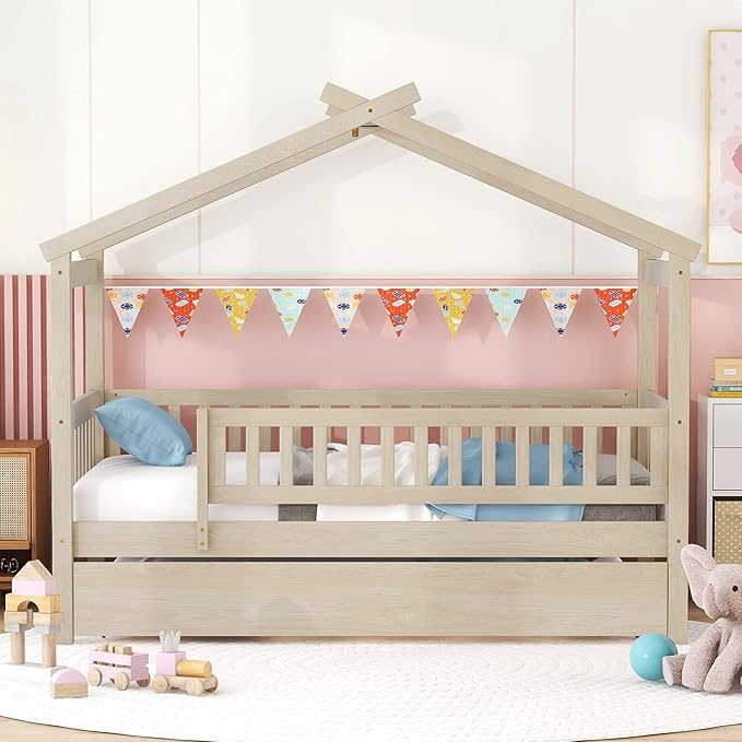 Harper & Bright Designs Twin House Bed with Trundle, Kids Platform Frame Rails and Roof, Tent Bed, Wood Playhouse Montessori for Teens Girls Boys, No Box Spring Needed (Natural)