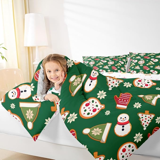 Feelyou Merry Christmas Comforter Set Twin Size Snowman Bedding Set for Kids Boys Girls Gloves Cookies Duvet Quilt Snowflake Bedroom Decor Microfiber 2 Pcs with 1 Pillow Cases