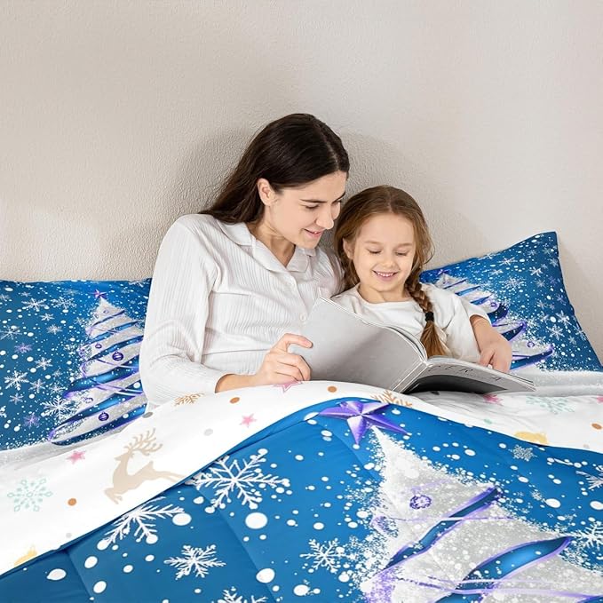 Feelyou Merry Christmas Kids Comforter Set King Size Christmas Tree Bedding Set Snowflake Duvet Quilt for Kids Boys Girls Bedroom Winter Decor Microfiber Ultra Soft Breathable