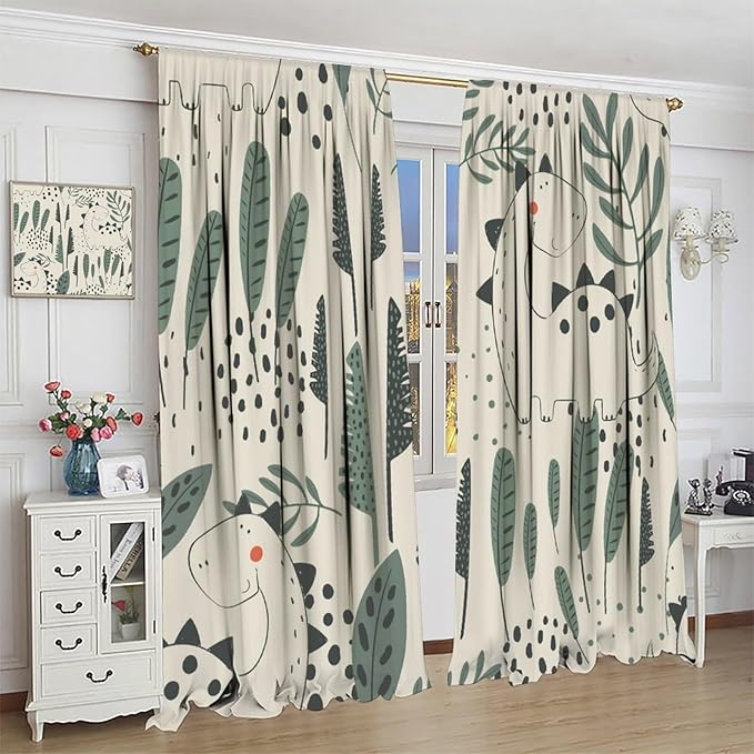 Funny Dinosaur Curtains, Jungle Cute Cartoon Animals Tropical Leaves Plant Beige Green Print Blackout Window Treatments for Kids Boys Girls Bedroom Living Room 55x63in