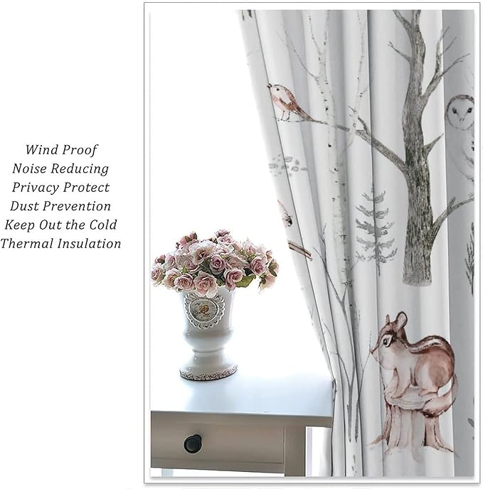 Watercolor Woodland Animal Curtains, Wildlife Bear Farmhouse Lodge Cabin Squirrel Owl Hedgehog Fox Blackout Rod Pocket Windows Door Curtain for Bedroom Living Room Home Decor 63x72in