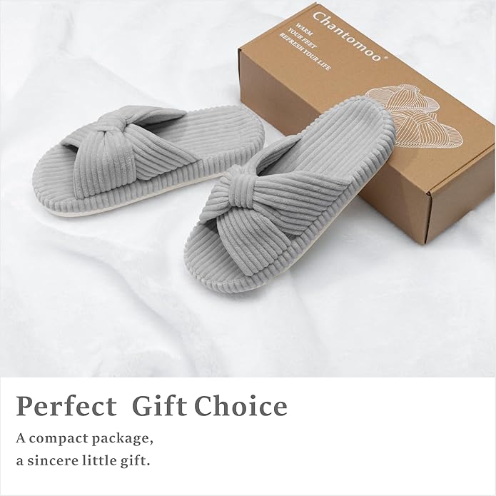 Chantomoo Slippers for Women Memory Foam House Bedroom Corduroy Bow Crossbands Slipper Shoes Comfy Trendy Gift Slippers
