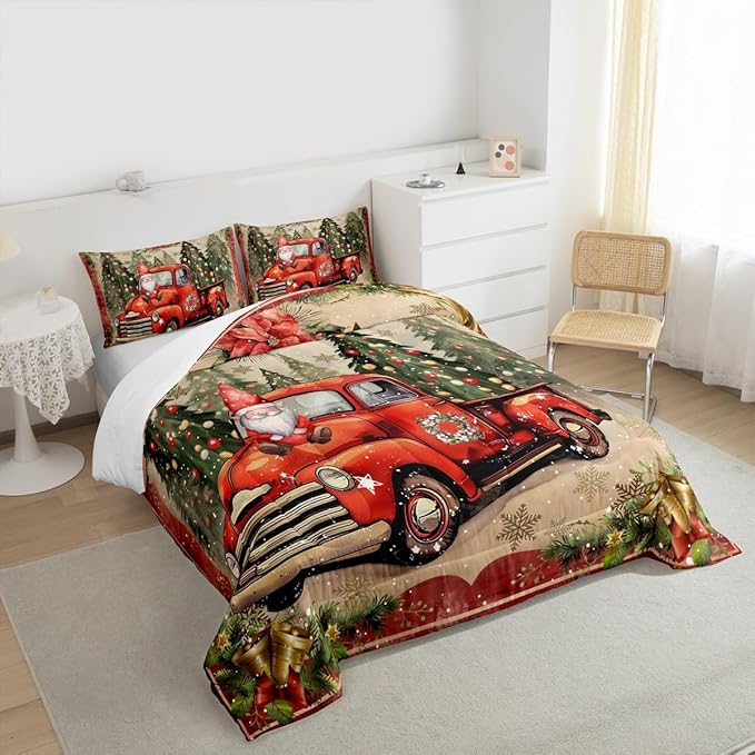 Manfei Red Truck Comforter Set Queen Size, Xmas Trees Santa Claus Snowflake Bedding Set 3pcs for Kids Boys Girls Room Decor, Christmas Theme Down Comforter New Year Quilt Set with 2 Pillowcases