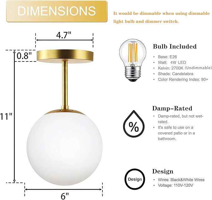 Mid Century Modern Globe Semi Flush Mount Ceiling Light Fixture Frosted Glass with Gold Brass Finish,1-Light Sphere Glass Pendant Lights for Aisle Porch Stairway Closet Kitchen Laundry Room(Bulb Incl)