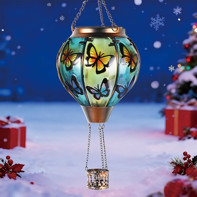 Larekook Butterfly Solar Hot Air Balloon Lantern with Flickering Flame,Glass Hot Air Balloon Solar Lanterns Outdoor Waterproof Hanging Light for Patio Porch Yard Garden Decor,Birthday Gifts for Women