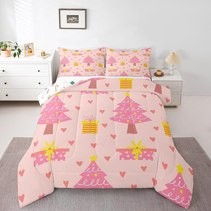 Erosebridal Merry Xmas Quilts Toddler Size Pink Christmas Tree Comforter Set Reversible Cartoon Style Bedding Set Happy New Year Duvet Insert for Boys Kids Bedroom Decor with 1 Pillow Case