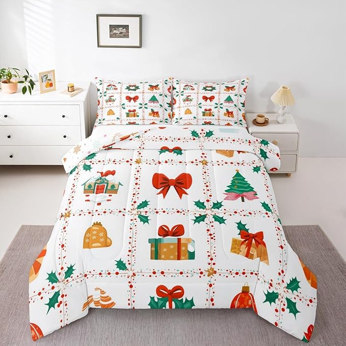 Feelyou Christmas Decor Kids Comforter Set Toddler Size Red Bowknot Bedding Set New Year Gift Duvet Quilt for Kids Boys Girls Bedroom Happy New Year Decor Microfiber Ultra Soft Breathable