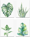OFJE Botanical Green Leaf Wall Art Prints Set of 4, Tropical Plant Watercolor Poster for Bathroom Bedroom Living Room Decor, Unframed 8x10